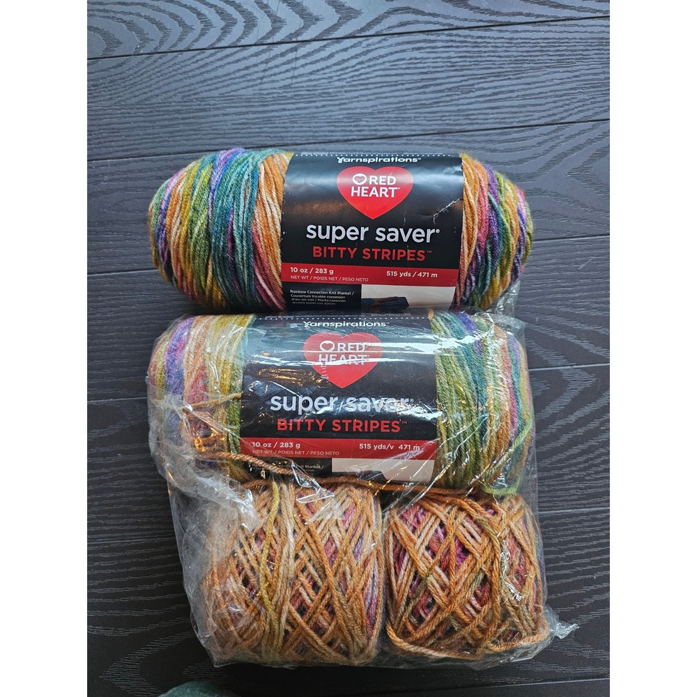 Red Heart Super Saver Bitty Stripes Rainbow Yarn 10oz 515yds 2 Skeins + Extras